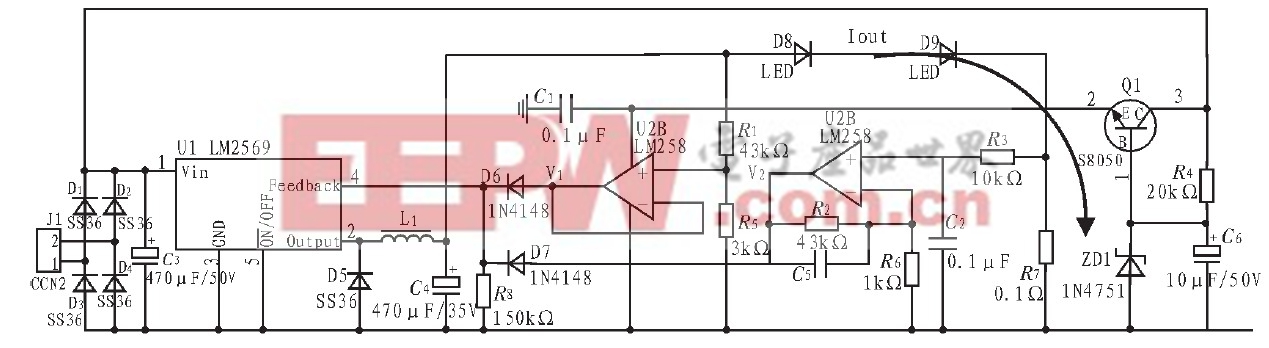 圖4 基于LM2596-ADJ 的LED 開關(guān)恒流穩(wěn)壓電源