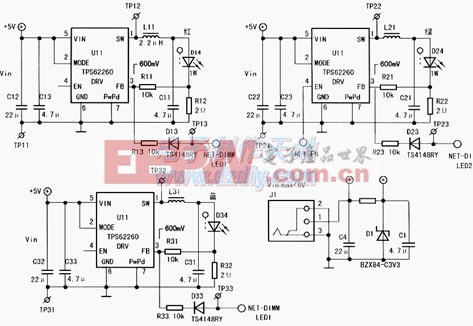 可調(diào)亮度的三基色LED照明燈電路圖TPS62260 LED driver