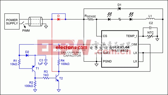 Figure 1. This circuit, including the circuitry in blue and without the diode in red (see text) prevents excessive charging and discharging of the decoupling capacitor by turning off the LEDs during intervals when the chopped supply voltage is off.