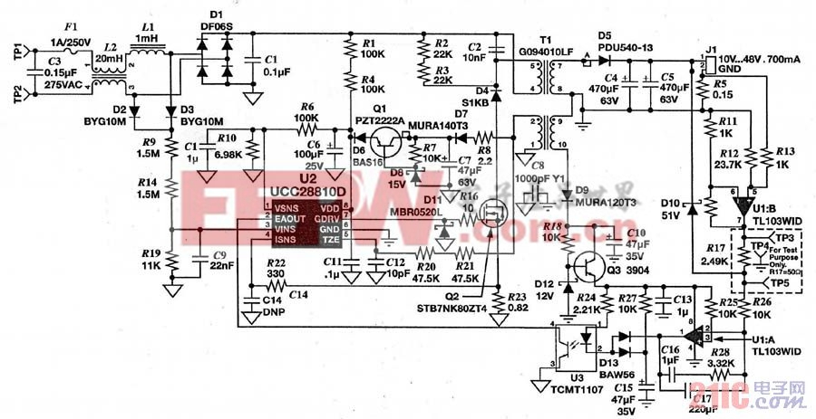 圖2 基于UCC28810的34W 單級PFC反激式LED恒流驅(qū)動電源