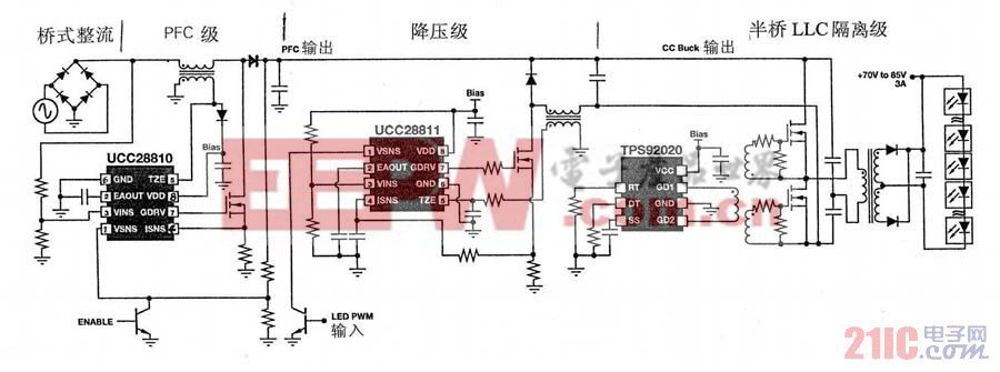 圖3 采用UCC28810的240W LED路燈驅(qū)動電源系統(tǒng)