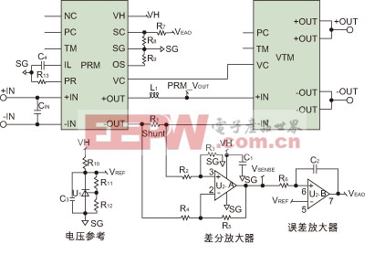 图2：推荐的电流控制电路，该电路由电压参考、分流电阻、差分放大器和误差放大器组成。