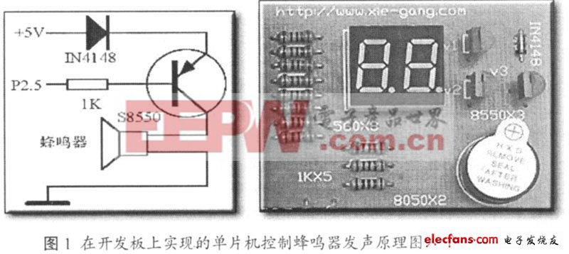 在開發(fā)板上實(shí)現(xiàn)的單片機(jī)控制蜂鳴器發(fā)聲原理圖