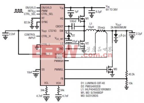 具電流受限并聯(lián)輸出的 6V 至 36V 輸入、2A LED 驅(qū)動(dòng)器