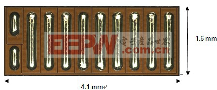 氮化鎵場(chǎng)效應(yīng)晶體管的俯視圖。它的額定值為40 V、4 mΩ 及33 A。