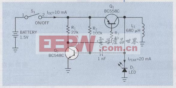 利用這一成本較低的電路就可用一節(jié)電池驅(qū)動(dòng)一只白色LED