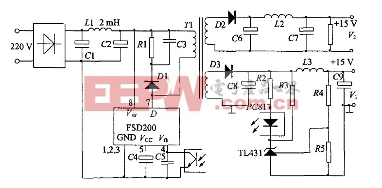 圖2 PSD200單片開關(guān)電源電路