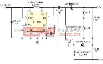 一个简单电路就能在无需变压器的情况下由单个正输入电压产生 +/-5V 输出电压