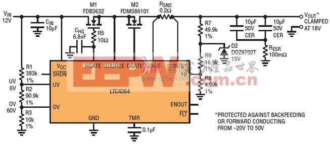 LTC4364 提供了針對過壓、短路或反向電壓的內(nèi)置輸出端口保護功能