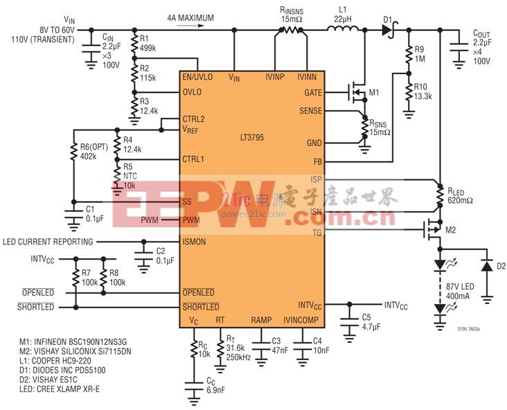 具備輸入電流限制和擴(kuò)展頻譜頻率調(diào)制、效率為 93%、功率為 50W (87V、575mA) 的降壓型 LED 驅(qū)動(dòng)器