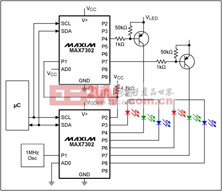 圖4. 利用兩片MAX7302實(shí)現(xiàn)PWM亮度分層控制