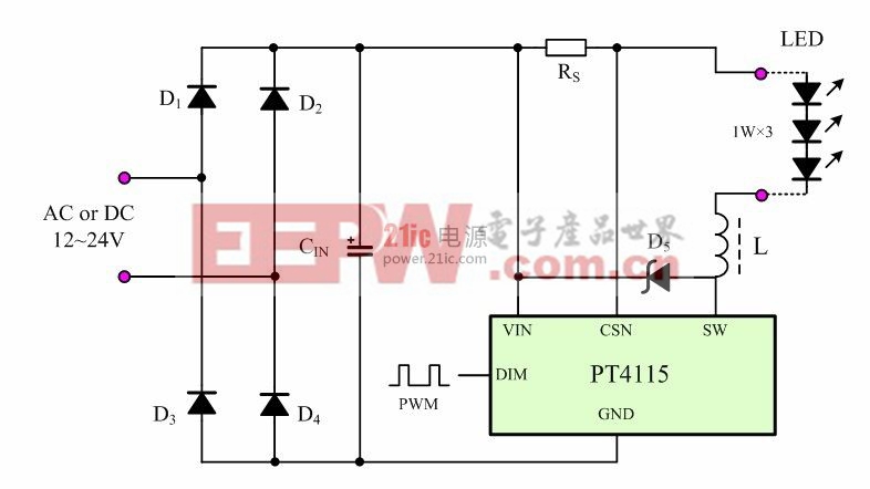 應(yīng)用方案簡(jiǎn)潔的PT4115實(shí)用電路