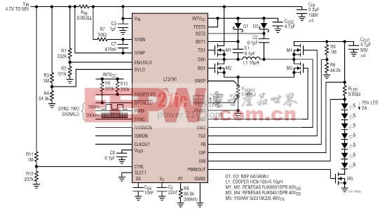 LT3791效率98% 50W（25V2A）升-降壓LED驅(qū)動電路圖