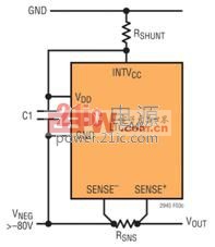 在低端電流檢測拓?fù)渲?，LTC2945 通過低端并聯(lián)穩(wěn)壓器獲得電源
