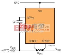 在低端電流檢測拓?fù)渲?，LTC2945 從受監(jiān)視的電源獲得電源