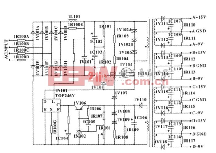 图2  采用第四代功率IC的宽电压输入、多路输出辅助  开关电源电原理图