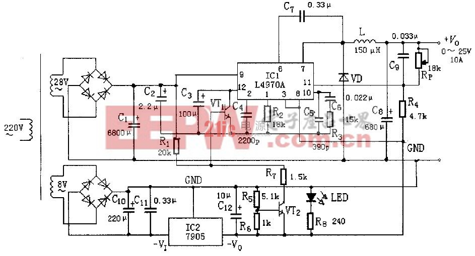 　圖4 　0～25V、10A 的開(kāi)關(guān)可調(diào)電源