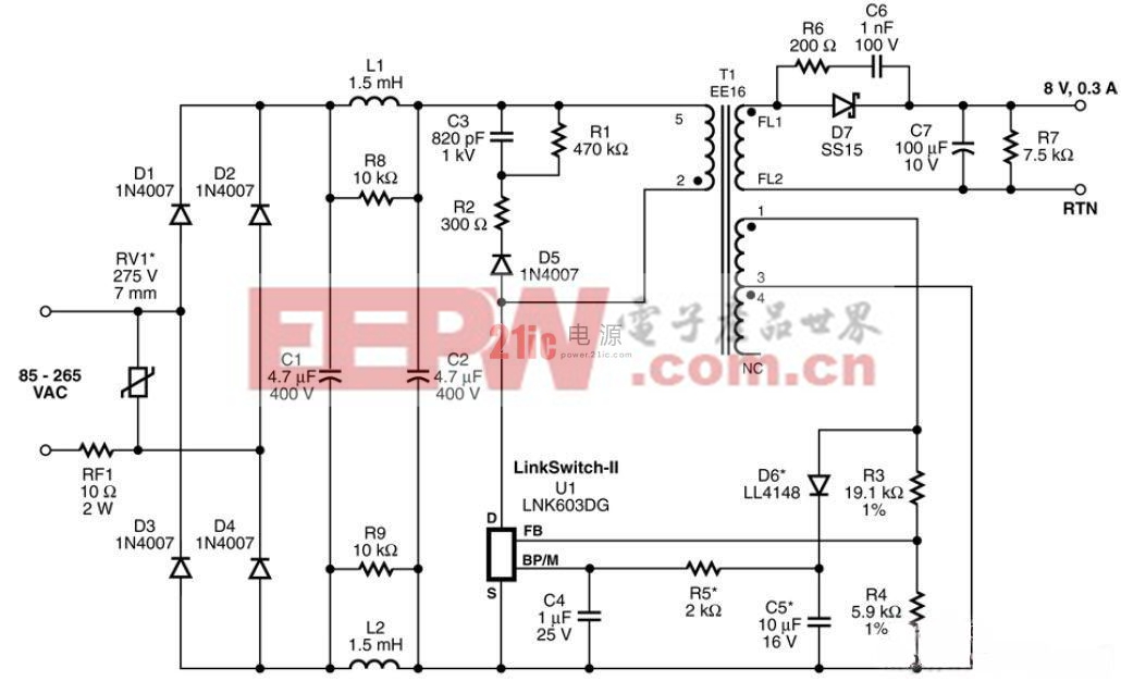 具備10kV共模浪涌抵抗能力的2.4W充電器電路圖