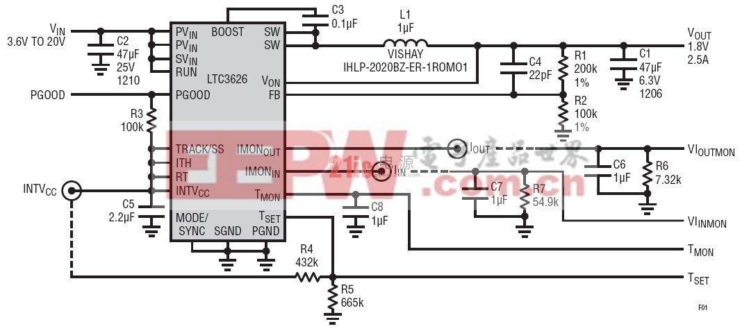 具有电流和温度监视功能的 LTC3626 同步降压型稳压器是凌力尔特的单片式稳压器 SWITCHER+