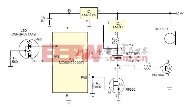 图: MC68HC908QT1的功能是一个16小时定时器。LM317则与R3一起配置为一个电流源。