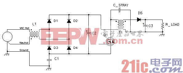 图 1 Q1 高压开关驱动 C-STRAY 中共模电流
