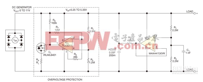 圖5，微發(fā)電機(jī)包括一個(gè)二極管橋，防止超級(jí)電容反充電給發(fā)電機(jī)，這就得到了一個(gè)簡(jiǎn)單的充電電路。