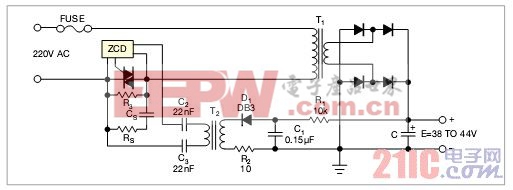 圖1,本電路使用一只負(fù)阻半導(dǎo)體，當(dāng)濾波電容上的電壓達(dá)到32V時(shí)，構(gòu)成一個(gè)700Hz振蕩器