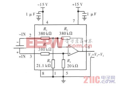 圖2 INA117 輸出電壓是兩輸入電壓之差的接法