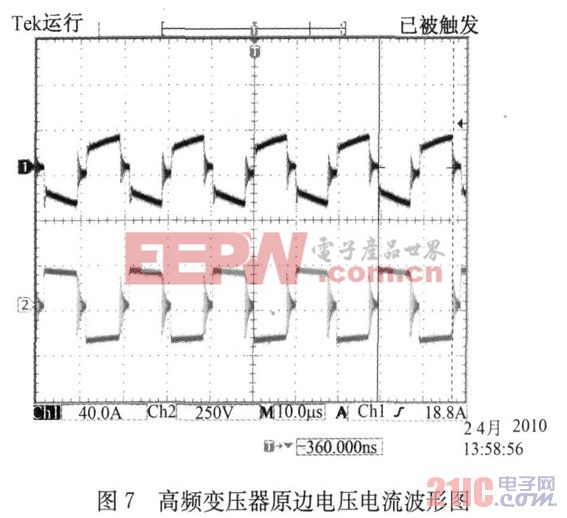 圖7 高頻變壓器原邊電壓電流波形圖