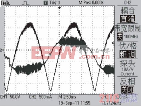 圖9 市電（全橋整流后）與輸入電流