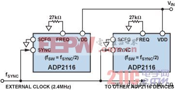 圖6. 利用外部時(shí)鐘同步多個(gè)ADP2116