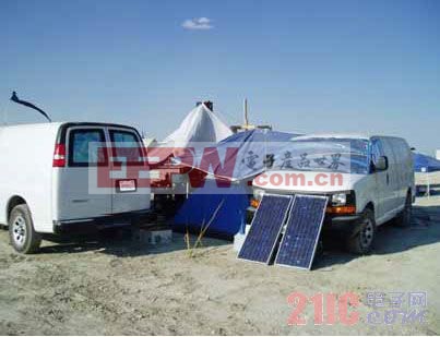 图 9:在营地的太阳能电池板利用凌力尔特公司的演示板给电池充电 