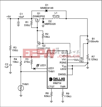 Figure 7. Schematic shows a single-cell NiMH charging from a USB port.