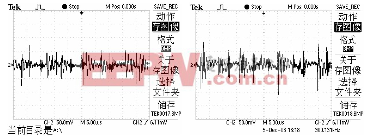 图 6 空载时，输出电压纹波波形（左）满载时，输出电压纹波波形（右）。