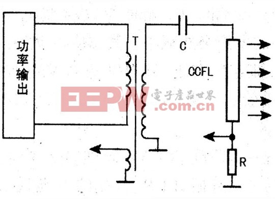 在高压变压器的输出端和灯管连接处串联一只电容c