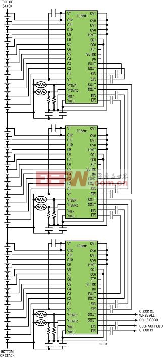 任何數(shù)量的 LTC6801 電池監(jiān)視器都可以疊置