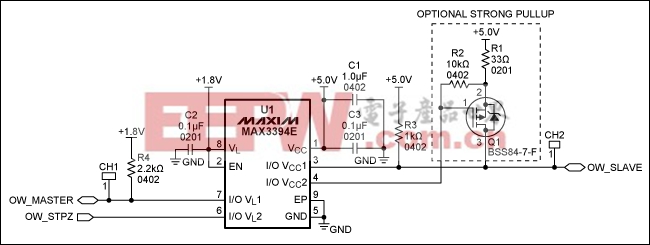 图1. 1-Wire双向电平(1.8V至5V)转换器电路原理图，注意，引脚I/O VL和I/O VCC具有10kΩ内部上拉。