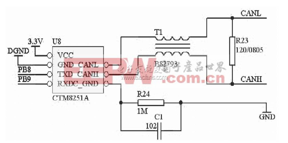 圖2CAN接口硬件電路圖