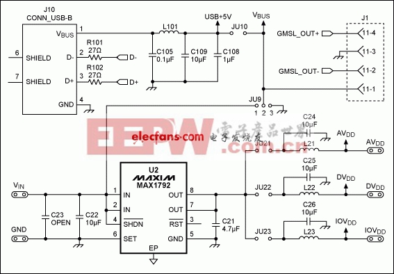 圖1. MAX9259EVKIT原理圖的電源部分