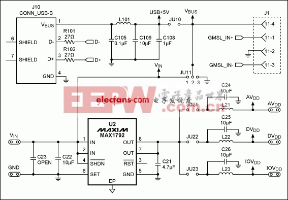 圖2. MAX9260EVKIT原理圖的電源部分