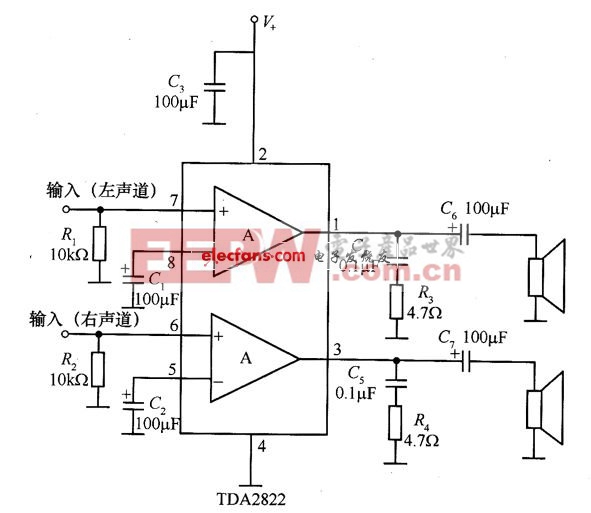 TDA2822用于立體聲功放的應(yīng)用電路