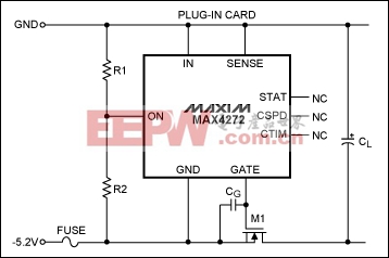 圖3. 單通道負(fù)電源熱插拔電路不具備斷路器功能，可調(diào)節(jié)開啟電壓。