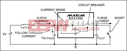 图1. 该电路表明了硬件短路时的电流路径以及寄生电感驱动下的电流路径