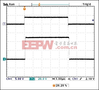 图6. 图1测试结果，(1) 控制信号，(2) 在5Ω电阻两端测试的5µs脉冲，电源电压为50V。