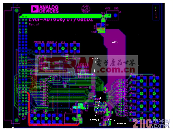 顯示AD7607 DAS和ADR421基準(zhǔn)電壓源的PCB布局布線