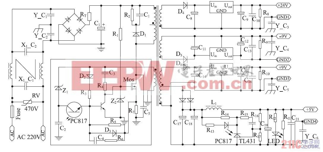 自激式多路輸出穩(wěn)壓開關電源原理圖