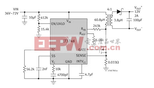 采用主端輸出電壓檢測的 LT3748 反激式轉(zhuǎn)換器