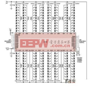 一個(gè)從45V輸入來驅(qū)動(dòng)160個(gè)白光LED的16通道LED驅(qū)動(dòng)器