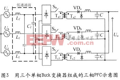 用三个单相Buck变换器组成的三相PFC示意图