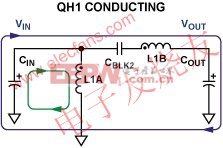 电流流向图；QH1闭合，QL1断开 www.elecfans.com